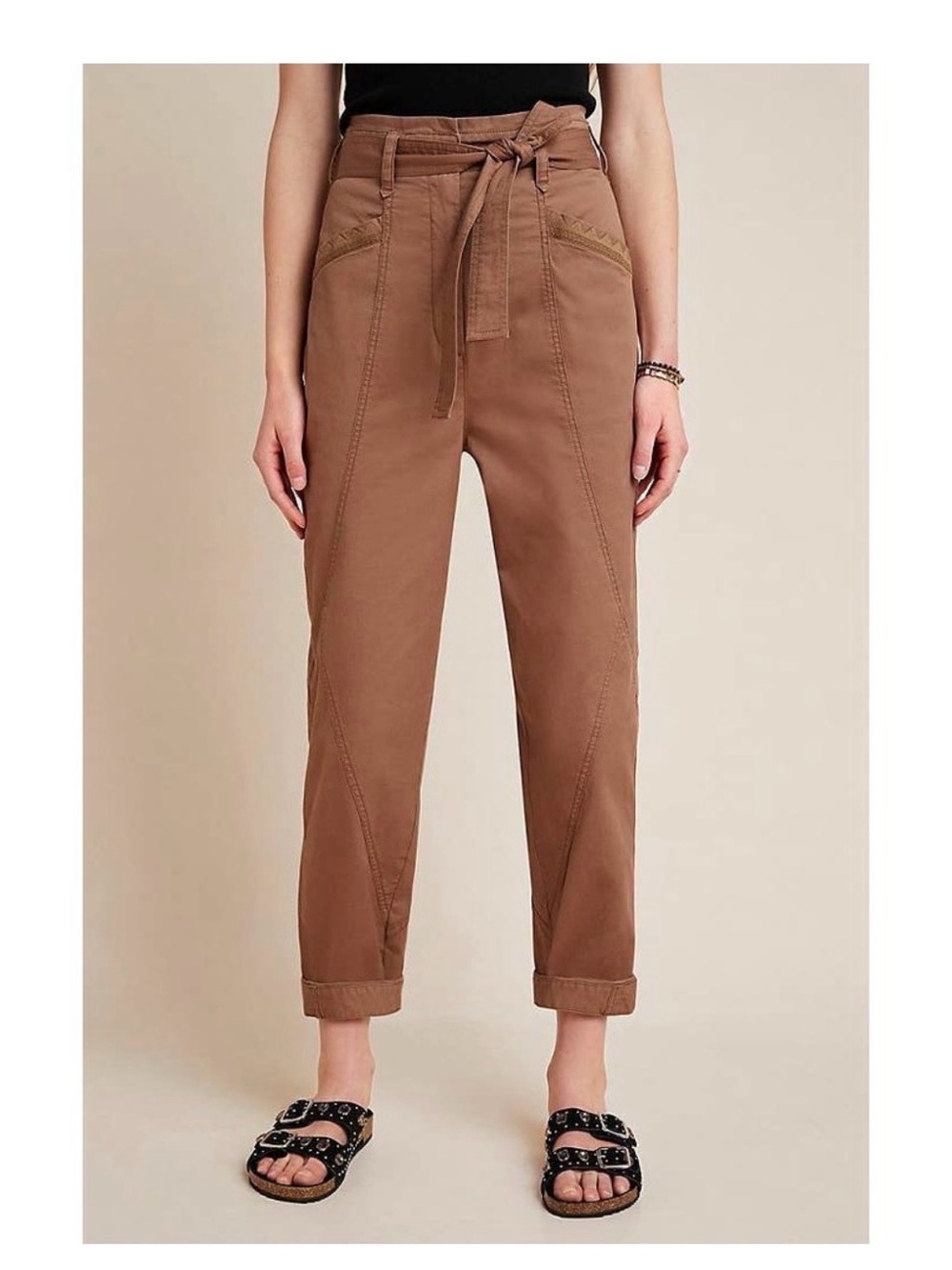 Anthropologie Ellie Embroidered Utility Pants Size 4 Brown High Rise